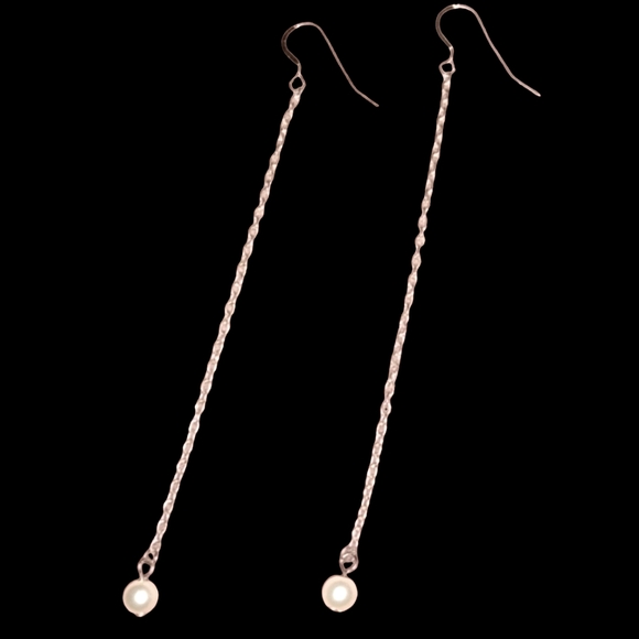 Long Pearl Chain Dangle Earrings Minimalist Solid 925 Sterling Silver Ear Wires - Picture 7 of 7
